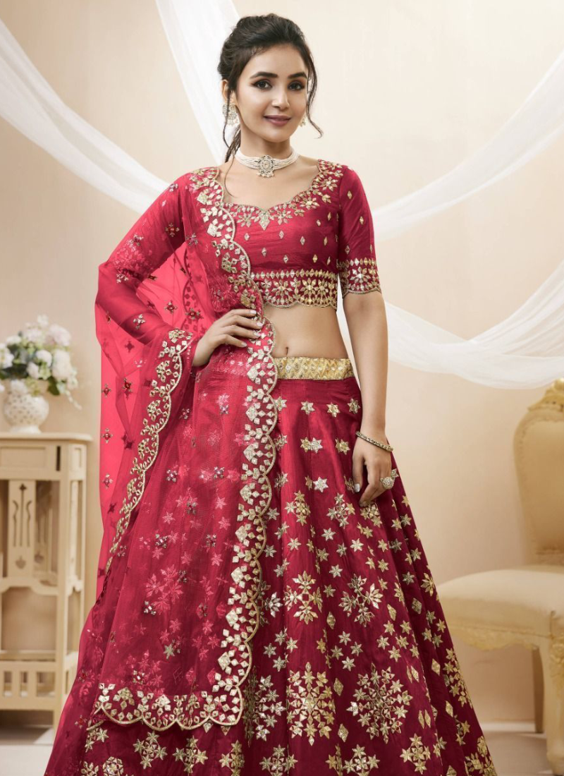 Maroon Mulberry Silk Mirror Work Lehenga Choli For Bridal