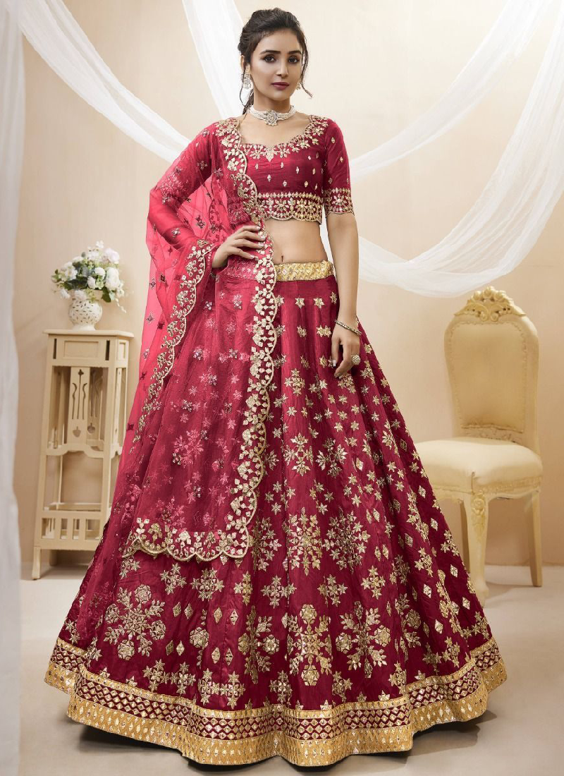 Maroon Mulberry Silk Mirror Work Lehenga Choli For Bridal