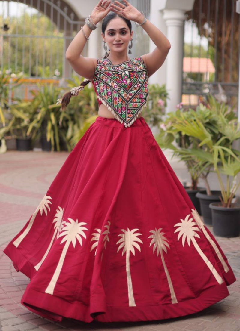 Maroon Roman Fabric Kutchi Gamthi Embroidered Navratri Lehenga Choli