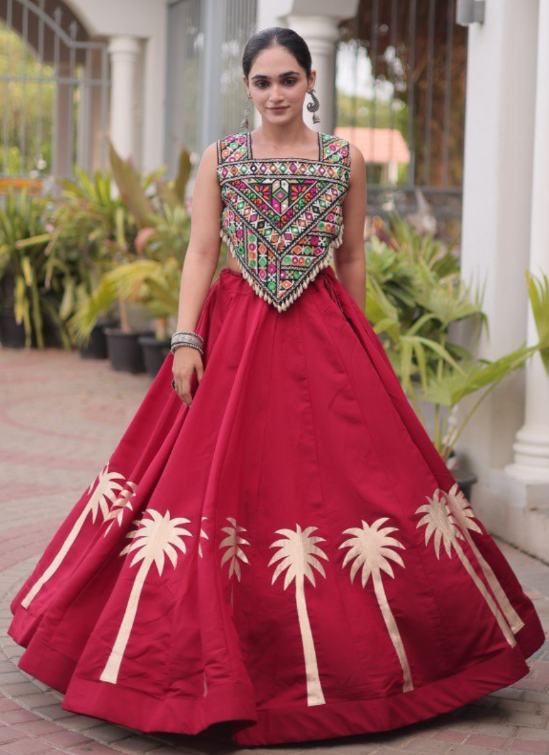 Maroon Roman Fabric Kutchi Gamthi Embroidered Navratri Lehenga Choli