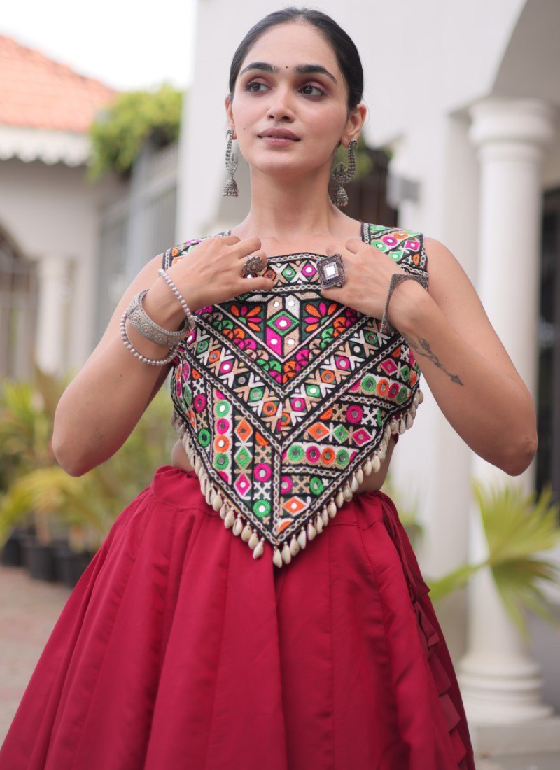 Maroon Roman Fabric Kutchi Gamthi Embroidered Navratri Lehenga Choli