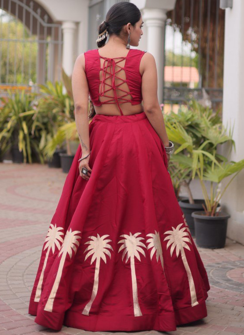 Maroon Roman Fabric Kutchi Gamthi Embroidered Navratri Lehenga Choli