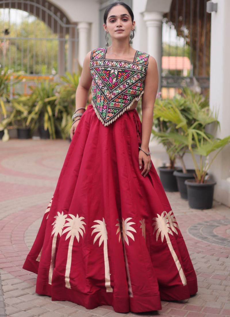 Maroon Roman Fabric Kutchi Gamthi Embroidered Navratri Lehenga Choli