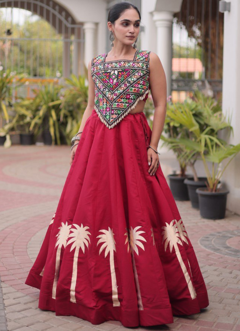 Maroon Roman Fabric Kutchi Gamthi Embroidered Navratri Lehenga Choli