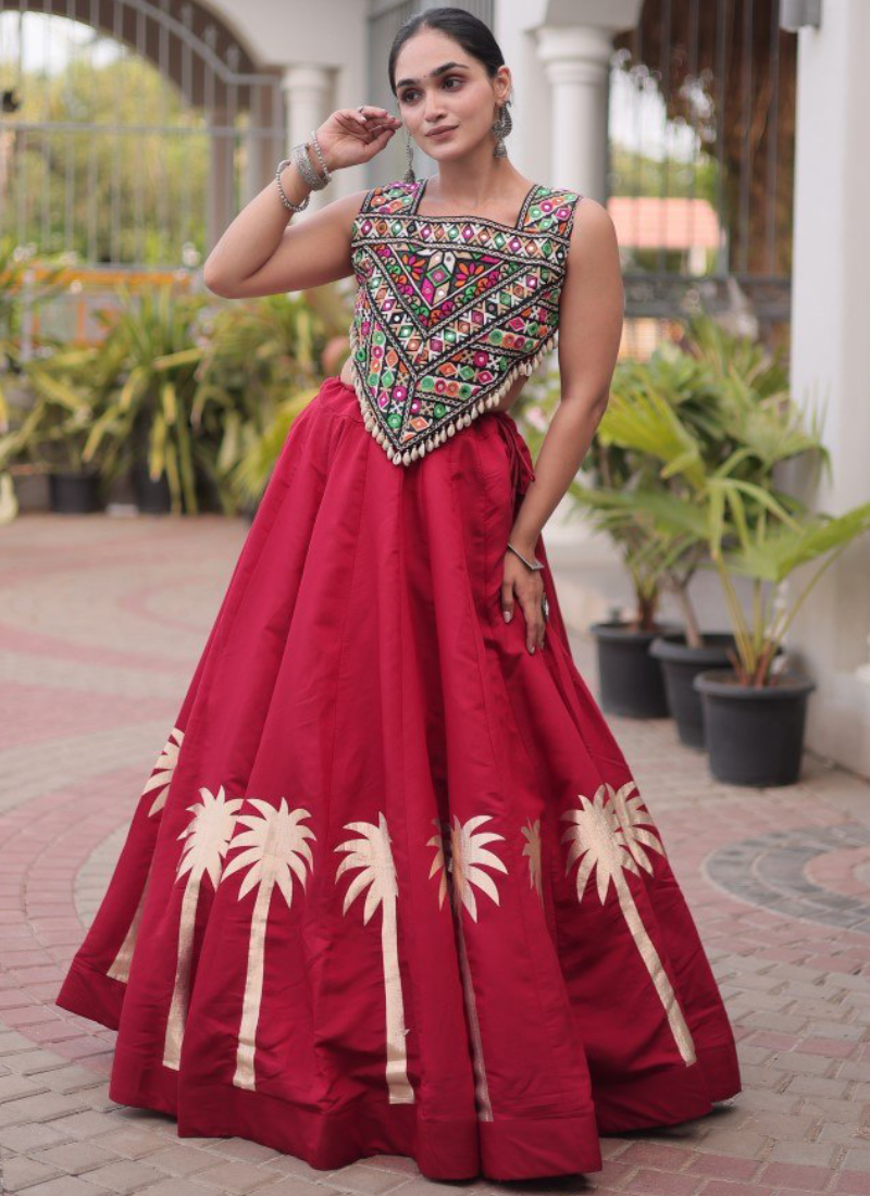 Maroon Roman Fabric Kutchi Gamthi Embroidered Navratri Lehenga Choli