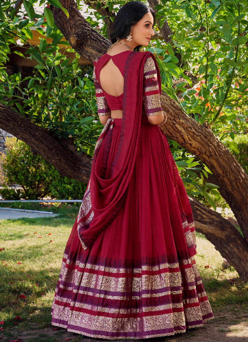 Maroon Zari Weaving Work Silk South Indian Style Half Saree Lehenga
