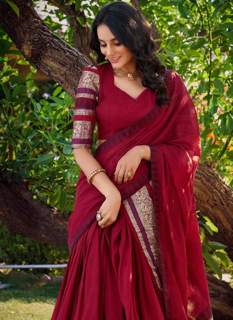 Maroon Zari Weaving Work Silk South Indian Style Half Saree Lehenga