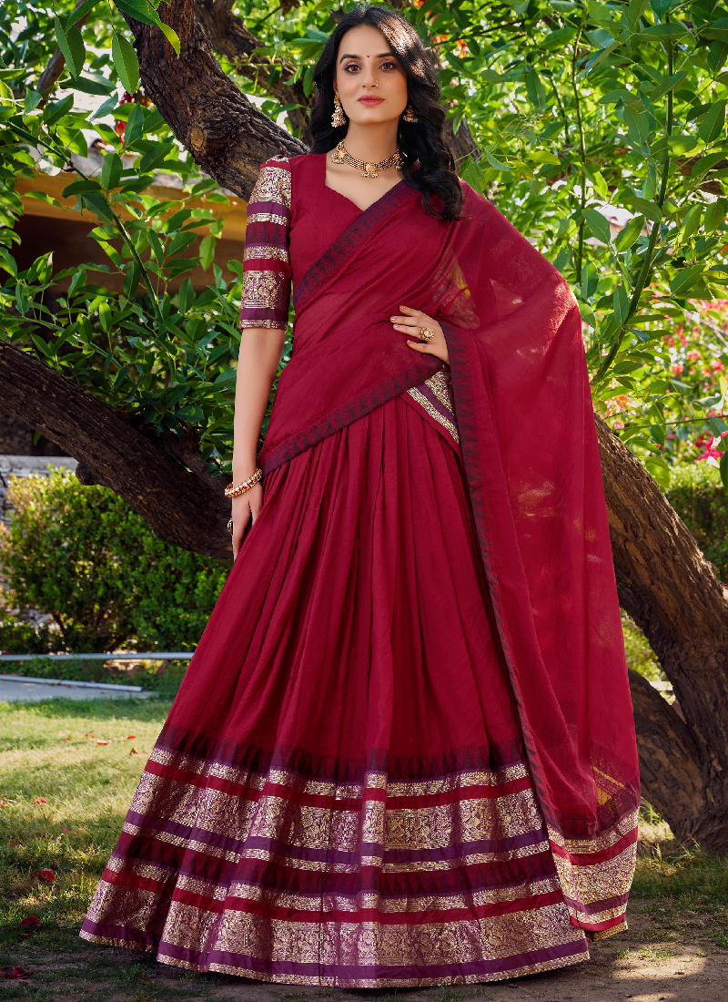 Maroon Zari Weaving Work Silk South Indian Style Half Saree Lehenga