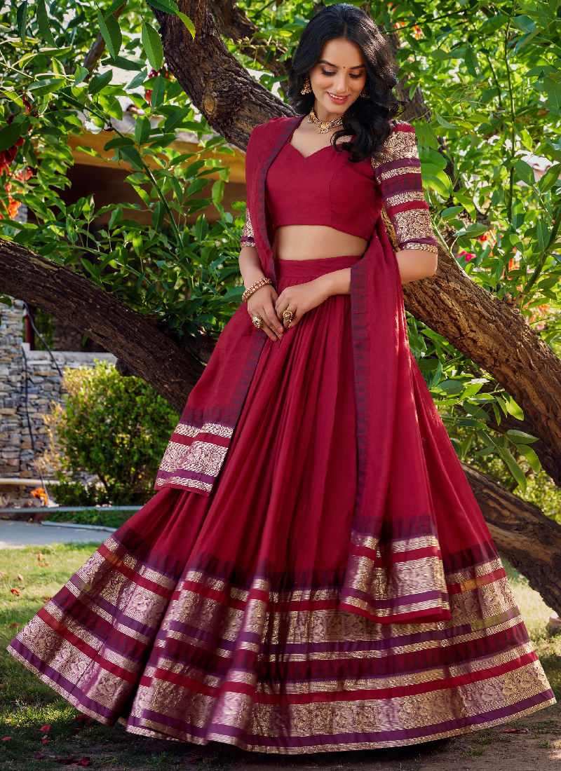 Maroon Zari Weaving Work Silk South Indian Style Half Saree Lehenga