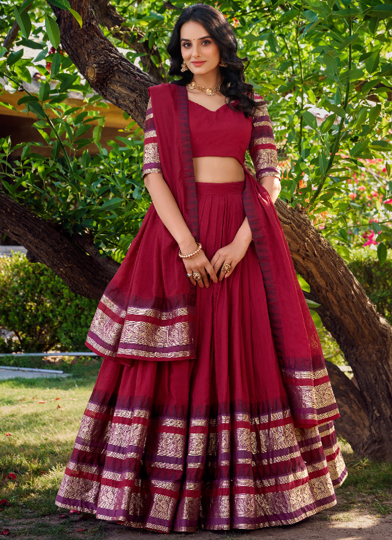 Maroon Zari Weaving Work Silk South Indian Style Half Saree Lehenga