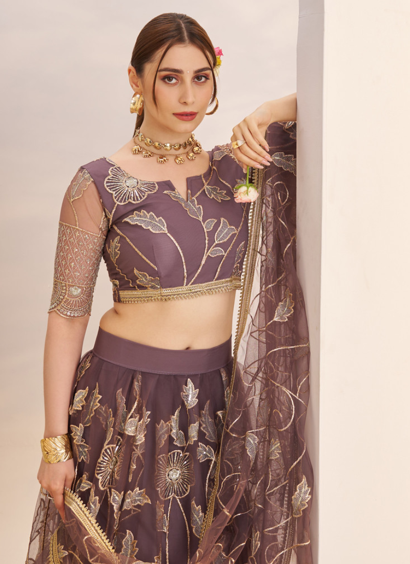 Marvellous Thread Work Reception Wear Dusty Purple Net Lehenga Choli