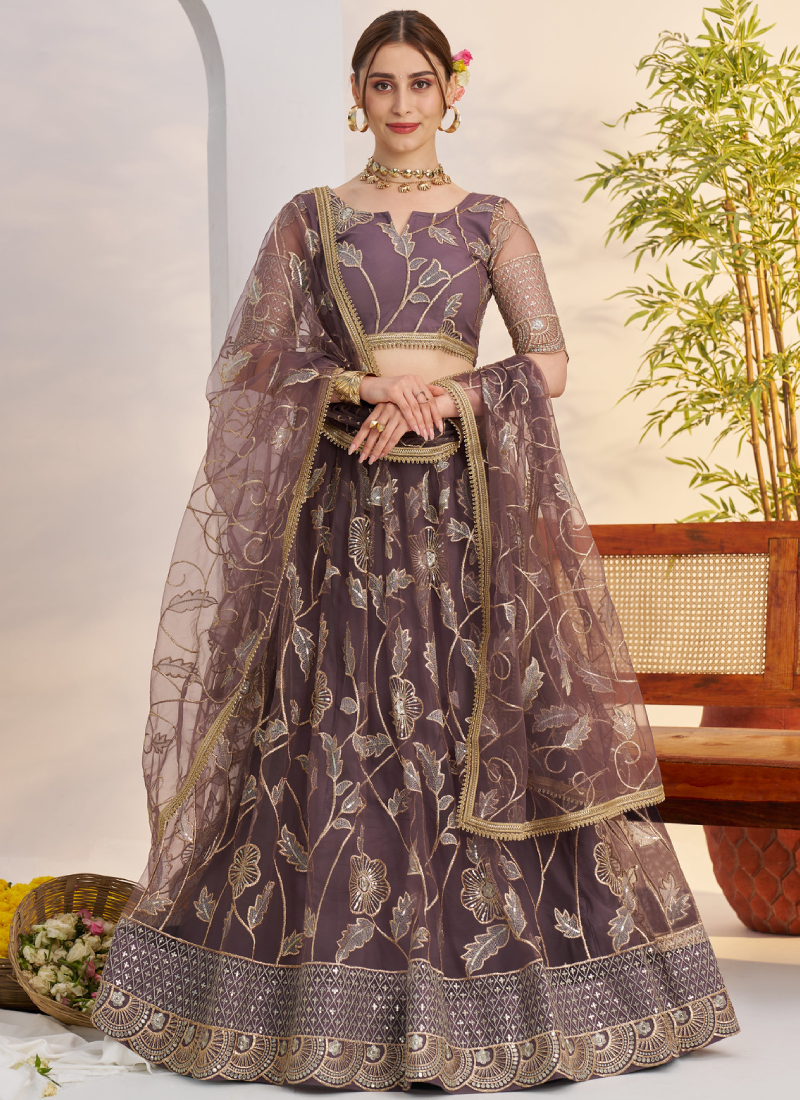 Marvellous Thread Work Reception Wear Dusty Purple Net Lehenga Choli