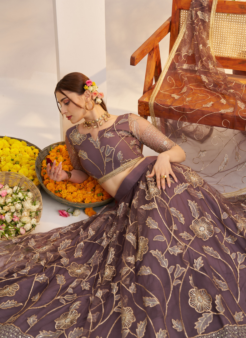 Marvellous Thread Work Reception Wear Dusty Purple Net Lehenga Choli