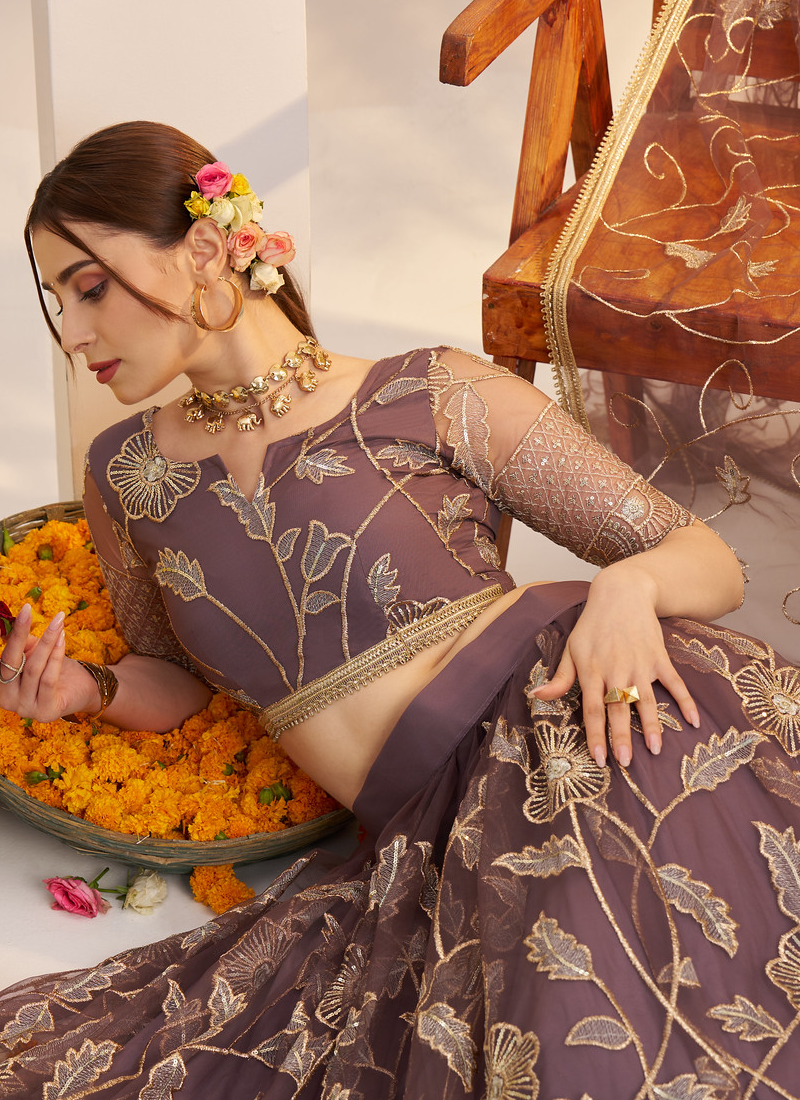 Marvellous Thread Work Reception Wear Dusty Purple Net Lehenga Choli