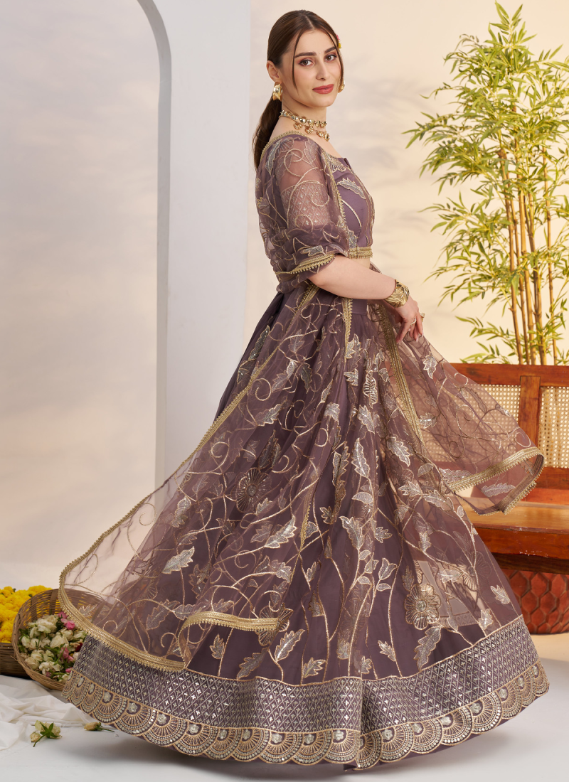Marvellous Thread Work Reception Wear Dusty Purple Net Lehenga Choli