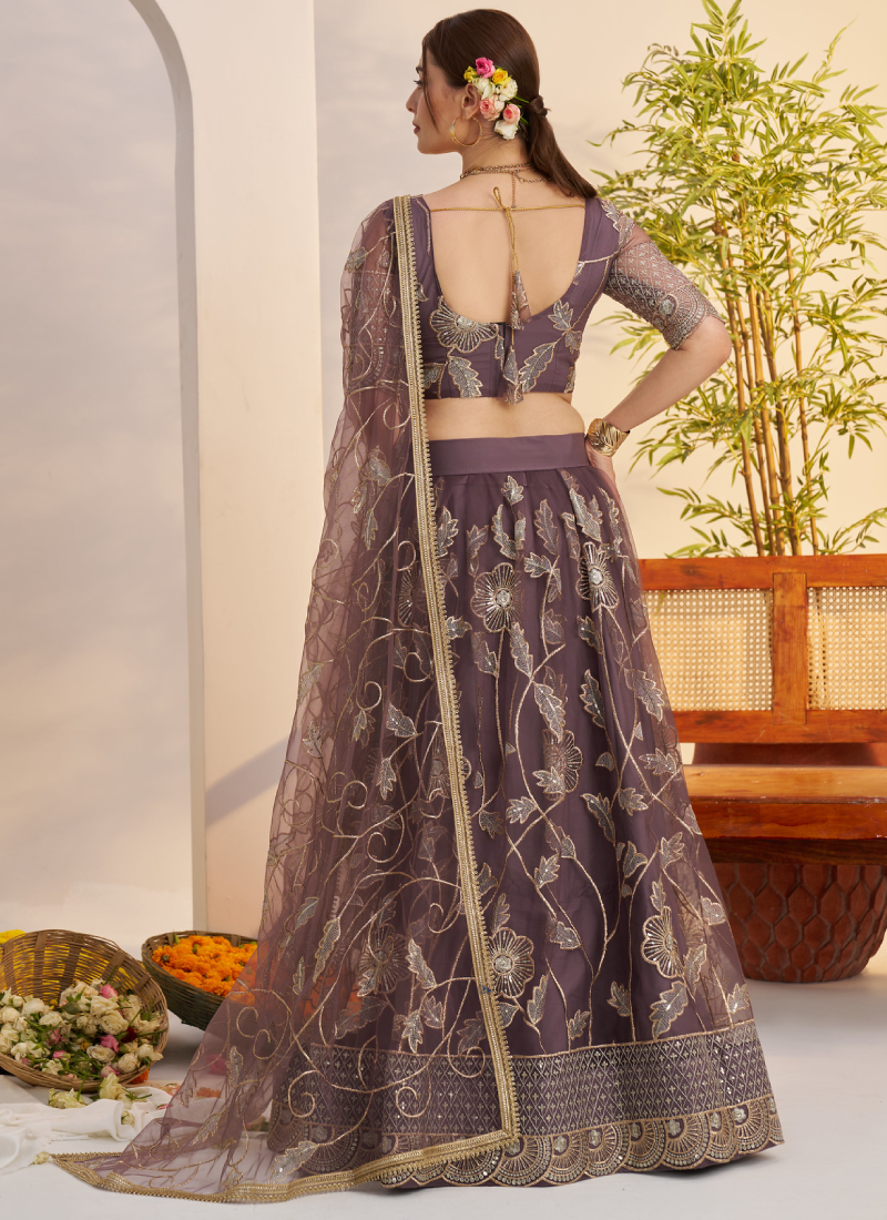 Marvellous Thread Work Reception Wear Dusty Purple Net Lehenga Choli