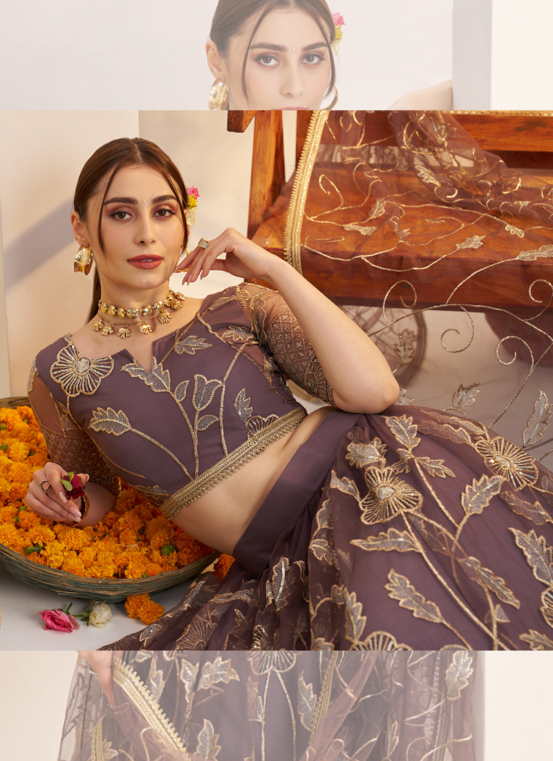 Marvellous Thread Work Reception Wear Dusty Purple Net Lehenga Choli