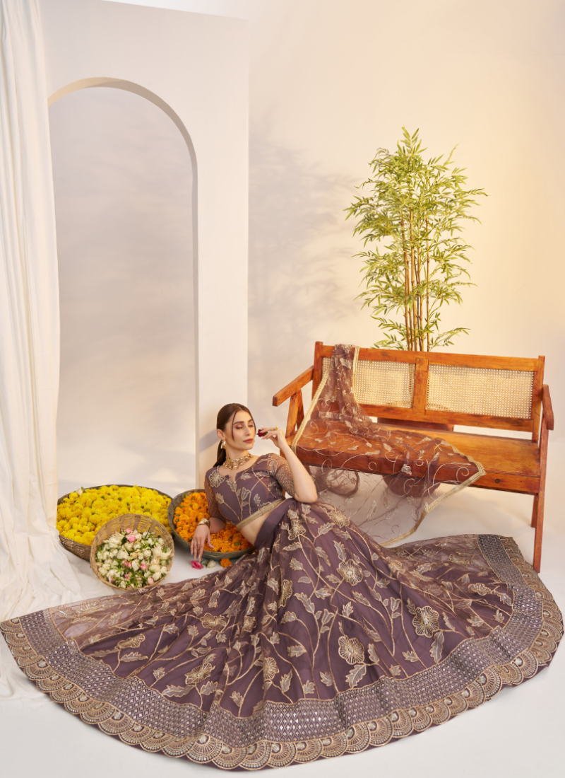 Marvellous Thread Work Reception Wear Dusty Purple Net Lehenga Choli