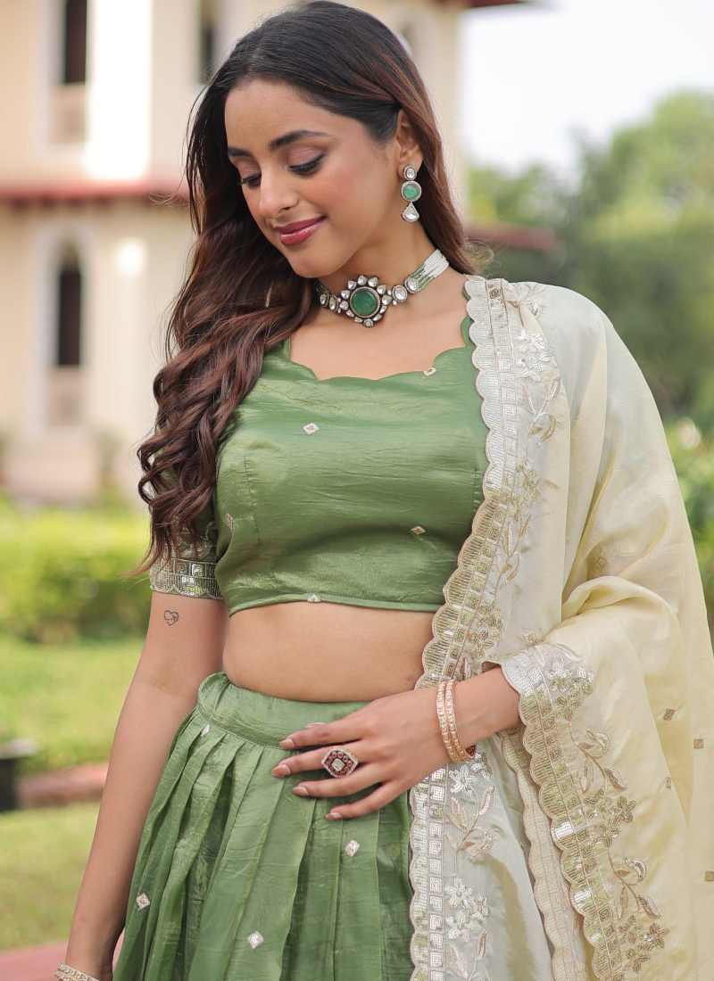 Marvellous Zari Embroidered Gold Crush Green Lehenga Choli For Women