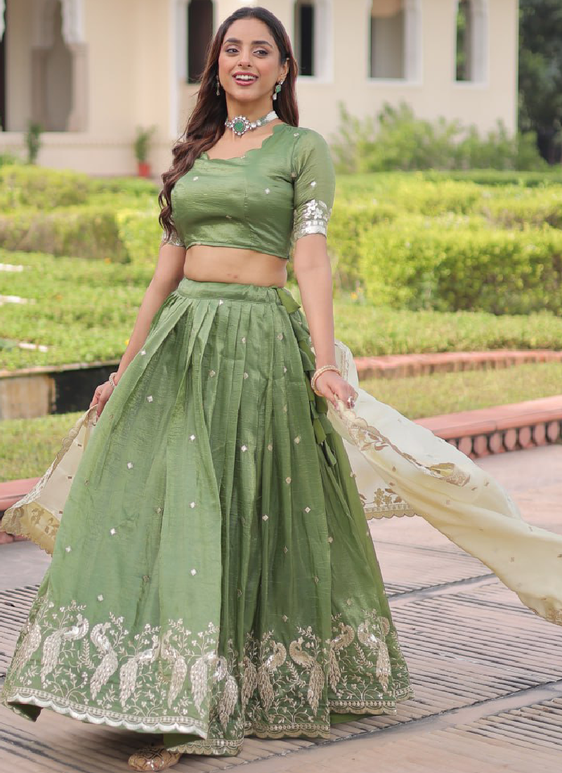 Marvellous Zari Embroidered Gold Crush Green Lehenga Choli For Women