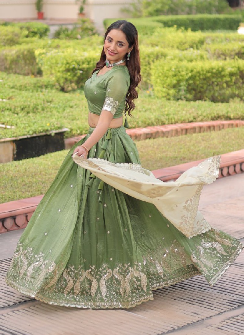 Marvellous Zari Embroidered Gold Crush Green Lehenga Choli For Women