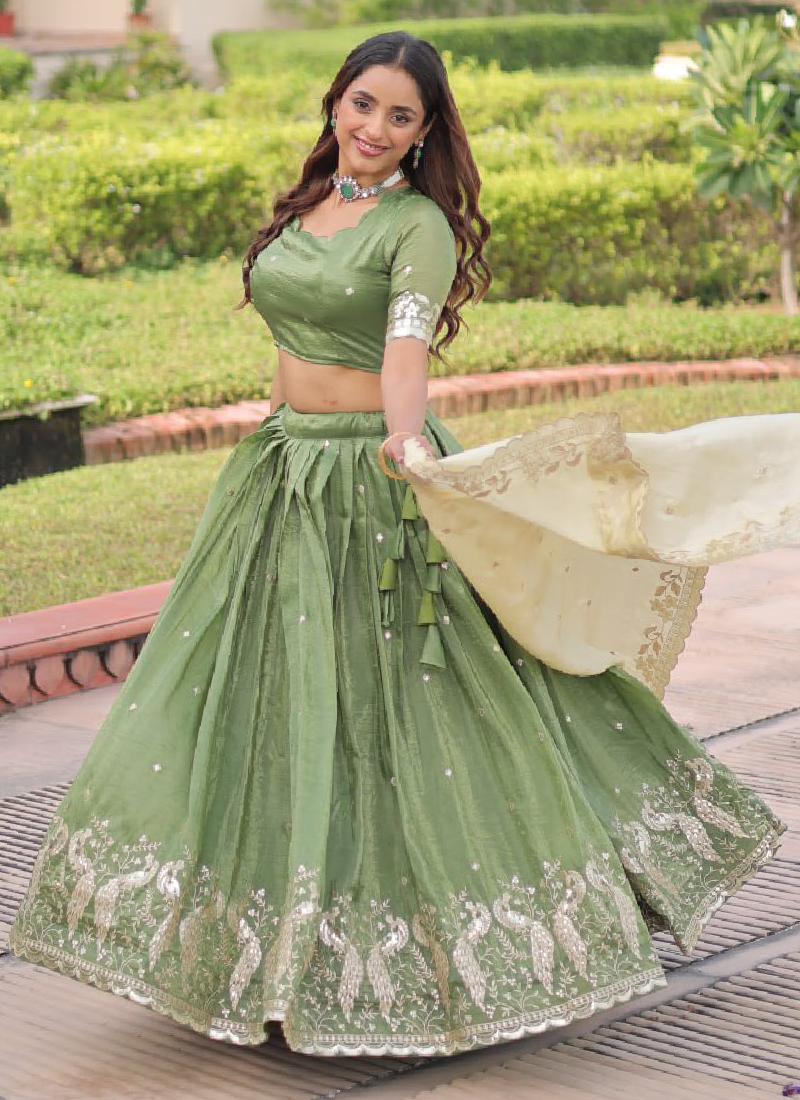 Marvellous Zari Embroidered Gold Crush Green Lehenga Choli For Women