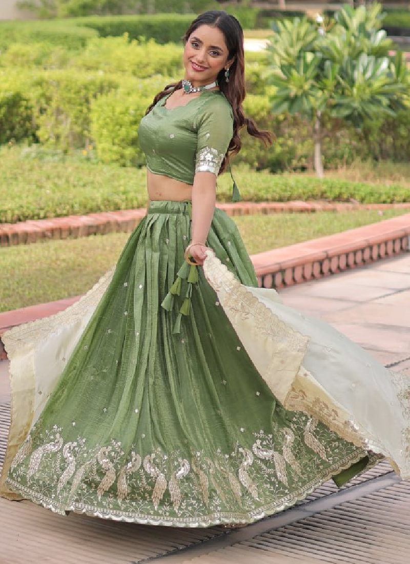 Marvellous Zari Embroidered Gold Crush Green Lehenga Choli For Women
