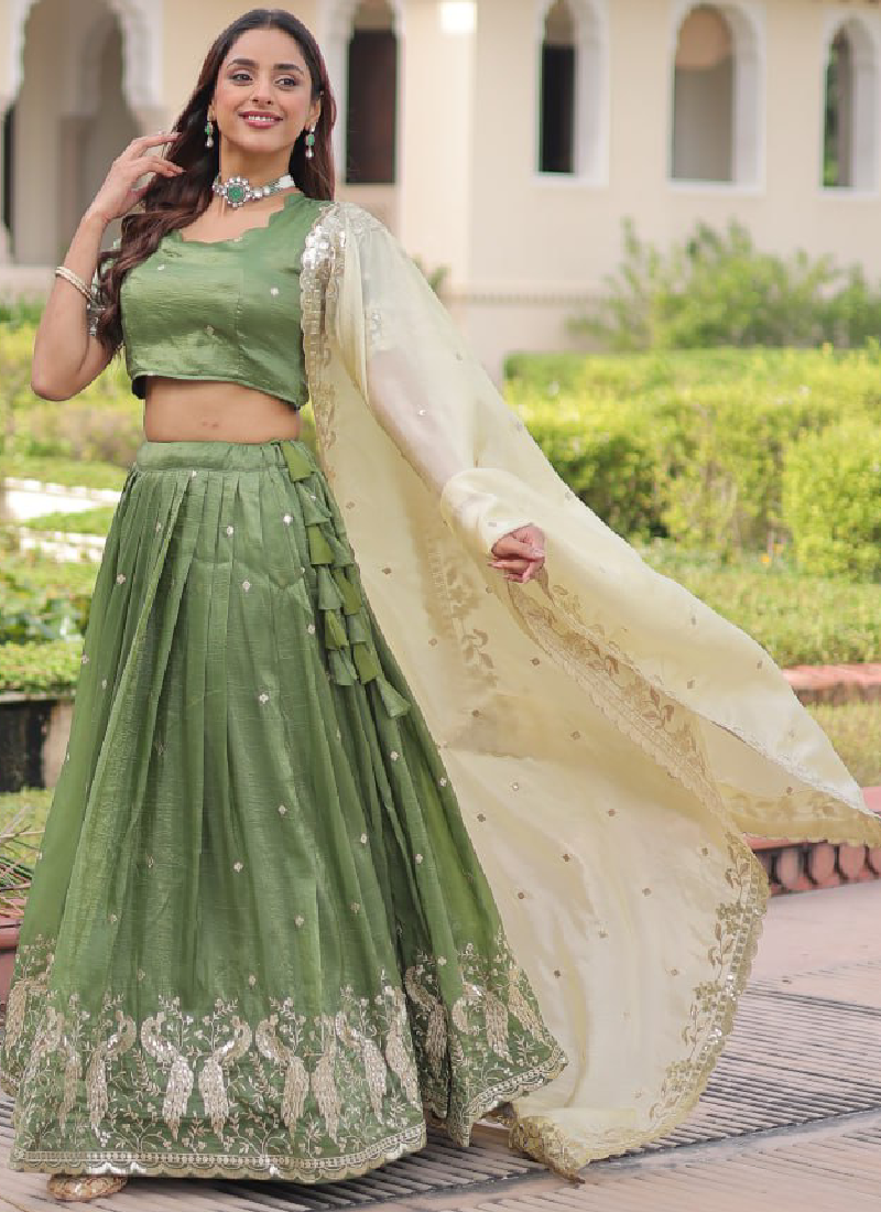 Marvellous Zari Embroidered Gold Crush Green Lehenga Choli For Women