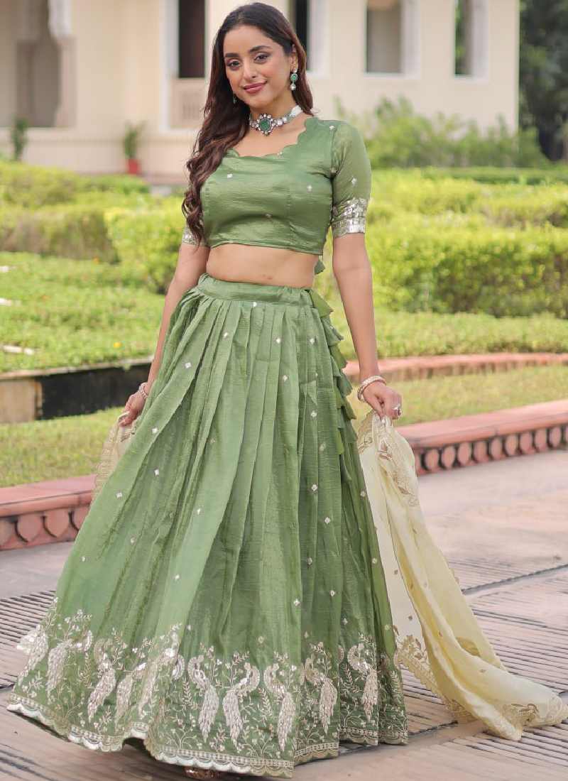 Marvellous Zari Embroidered Gold Crush Green Lehenga Choli For Women