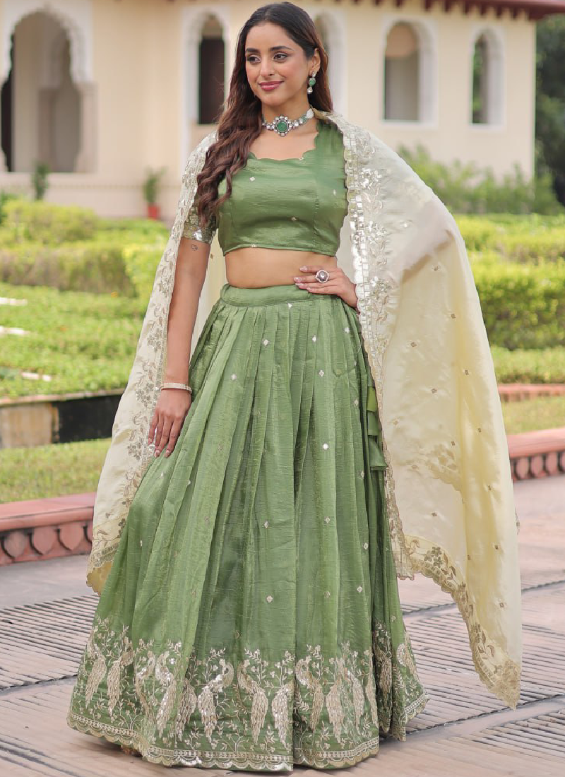 Marvellous Zari Embroidered Gold Crush Green Lehenga Choli For Women