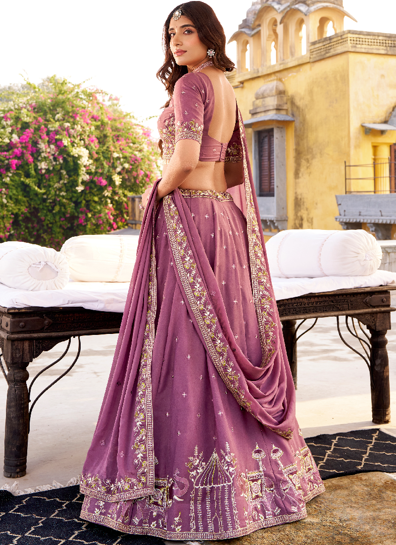 Marvelous Chocolate Crush Lavender Wedding Wear Embroidered Lehenga Choli