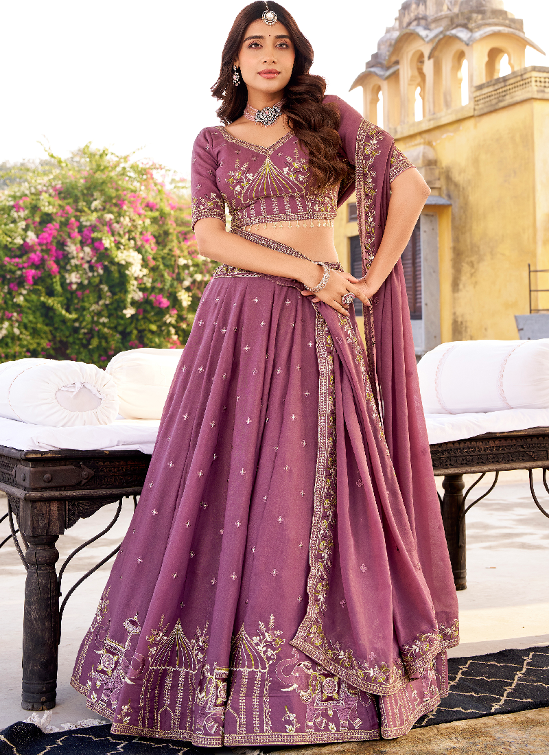 Marvelous Chocolate Crush Lavender Wedding Wear Embroidered Lehenga Choli
