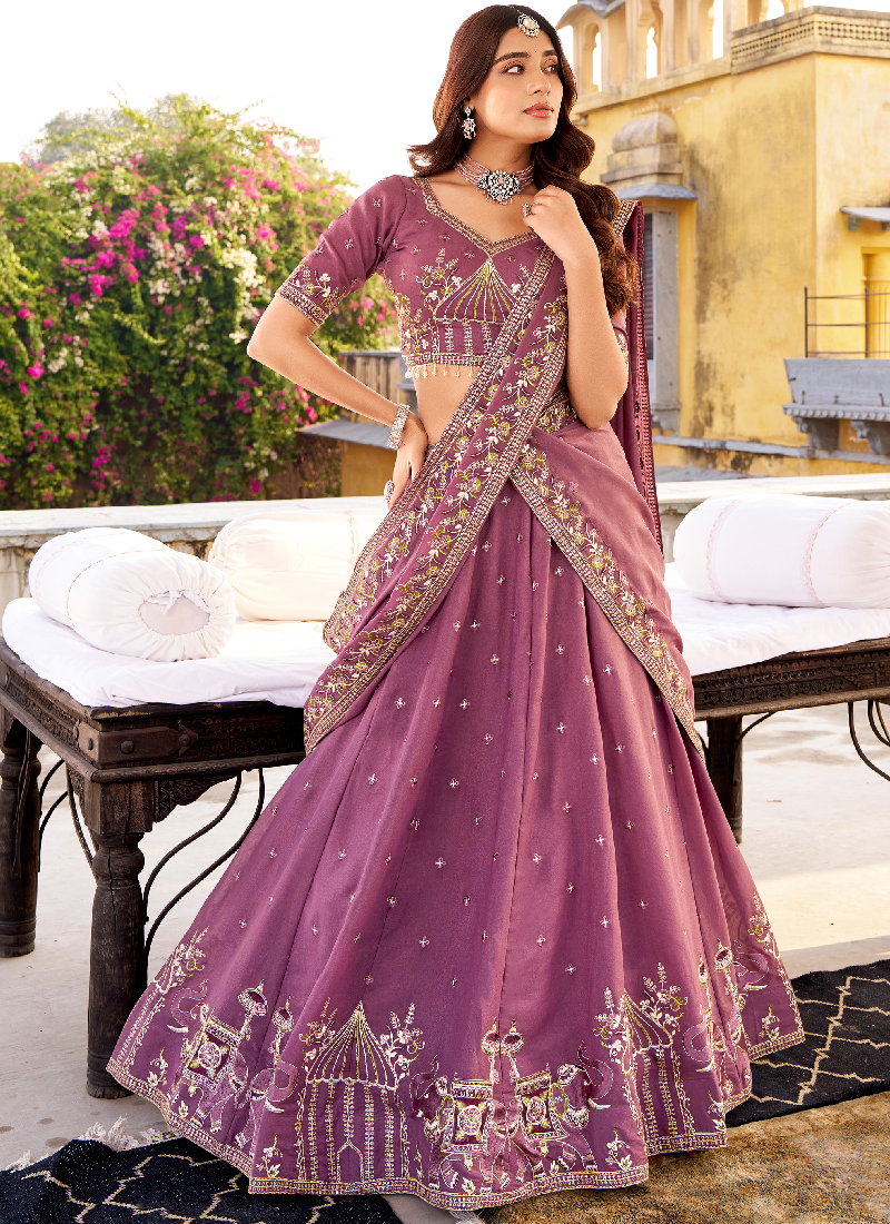 Marvelous Chocolate Crush Lavender Wedding Wear Embroidered Lehenga Choli