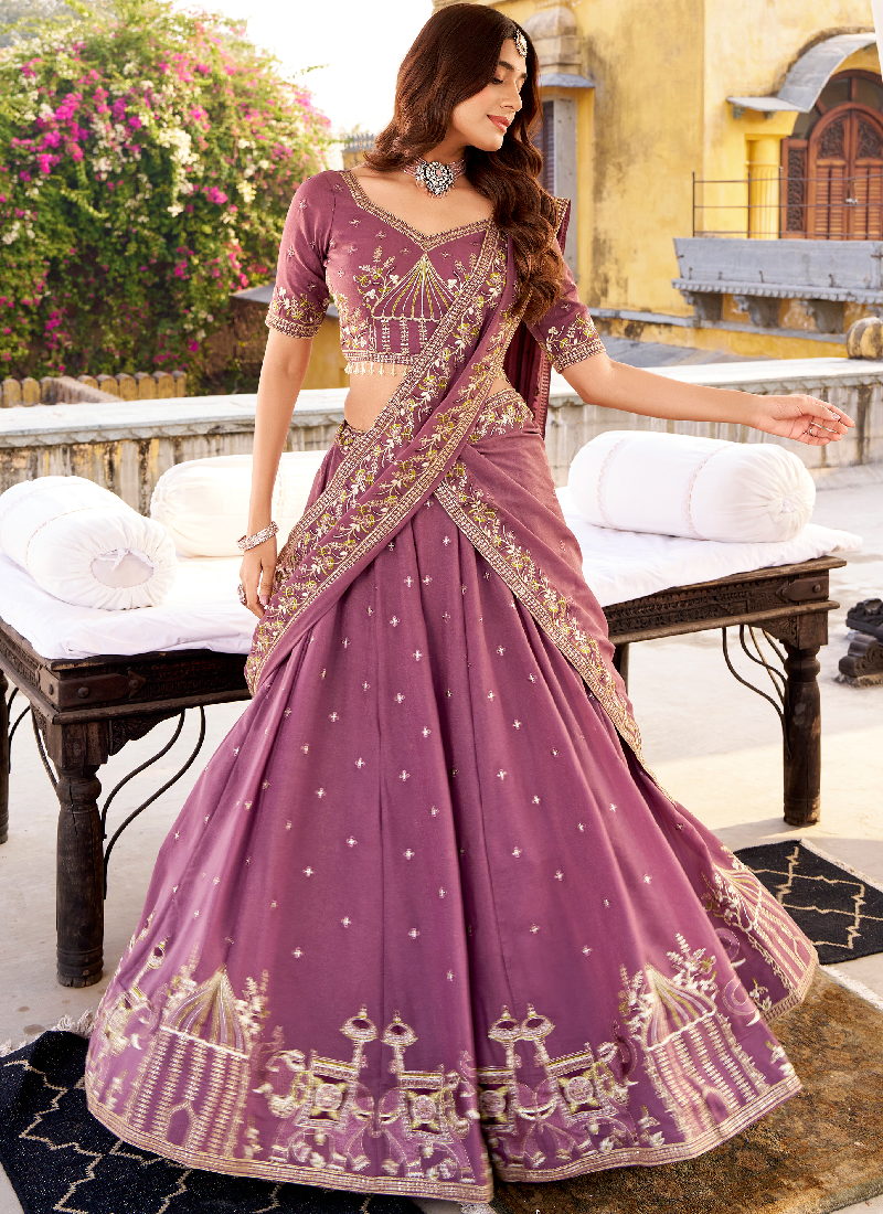 Marvelous Chocolate Crush Lavender Wedding Wear Embroidered Lehenga Choli