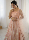 Marvelous Thread Sequence Work Peach Net Lehenga Choli For Wedding
