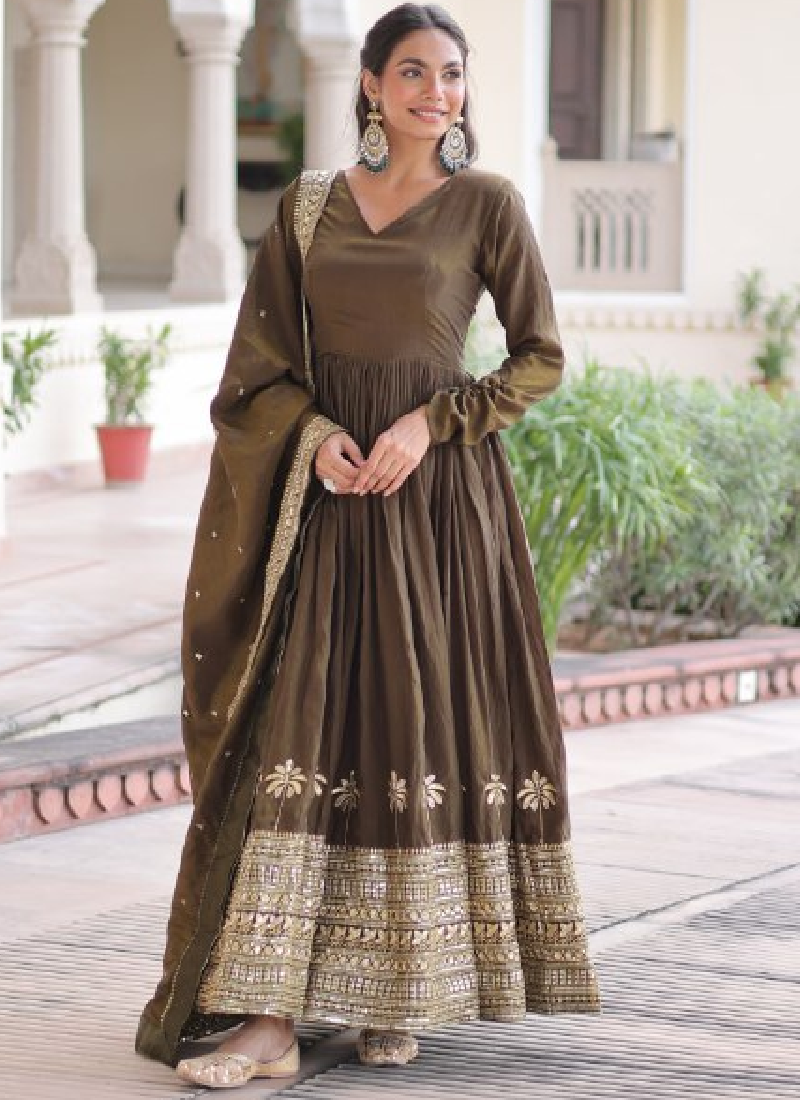 Mehendi Function Special Embroidered Green Vichitra Silk Anarkali Set tapee.in Mehendi Function Special Embroidered Green Vichitra Silk Anarkali Set tapee.in