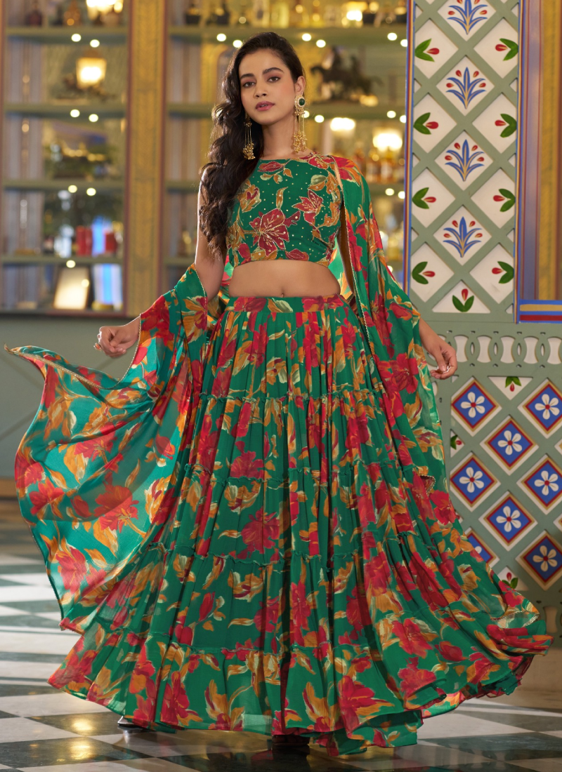 Mehndi Special Green Floral Print Lehenga Choli In Marble Silk Fabric