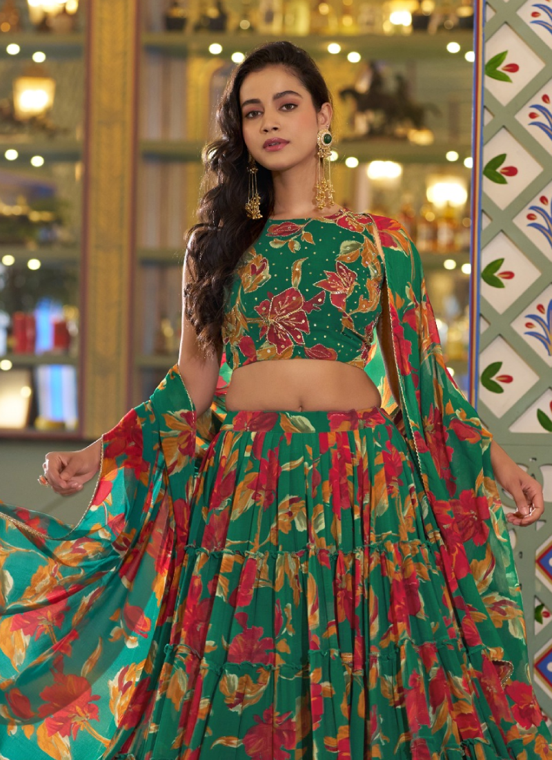 Mehndi Special Green Floral Print Lehenga Choli In Marble Silk Fabric