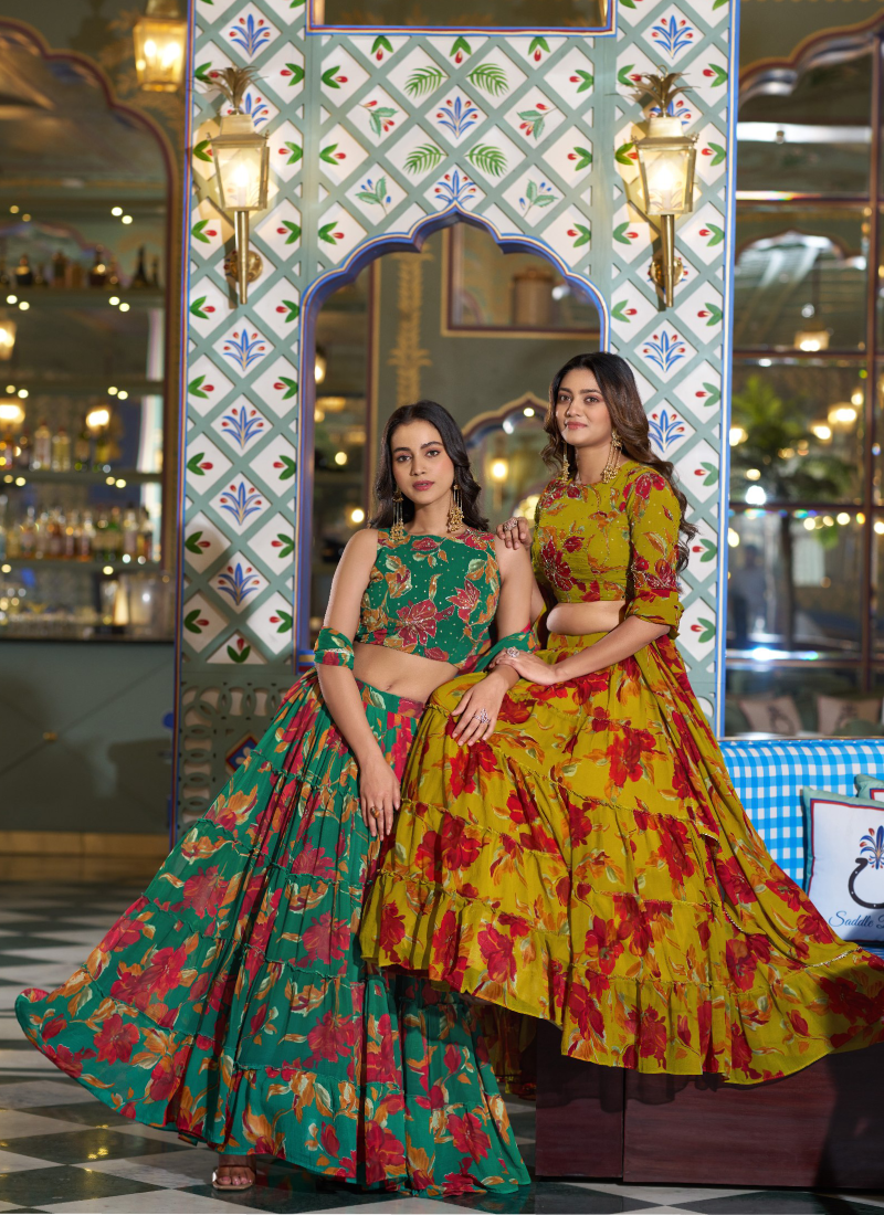 Mehndi Special Green Floral Print Lehenga Choli In Marble Silk Fabric