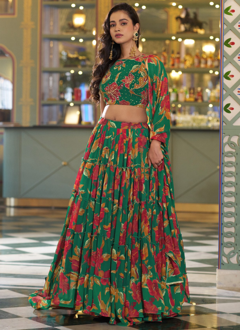 Mehndi Special Green Floral Print Lehenga Choli In Marble Silk Fabric