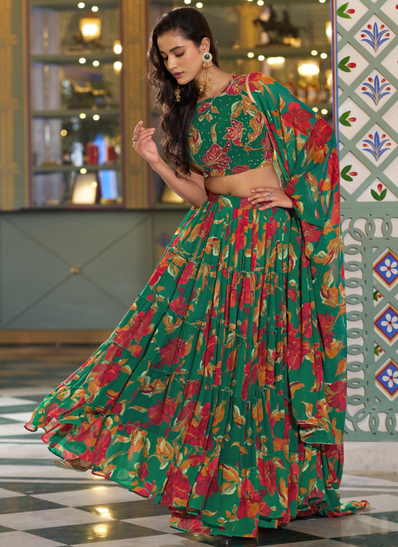 Mehndi Special Green Floral Print Lehenga Choli In Marble Silk Fabric