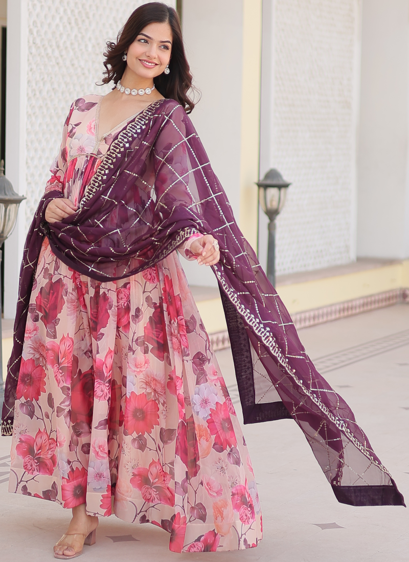 Memorable Digital Printed Silk Off White Anarkali Gown With Dupatta