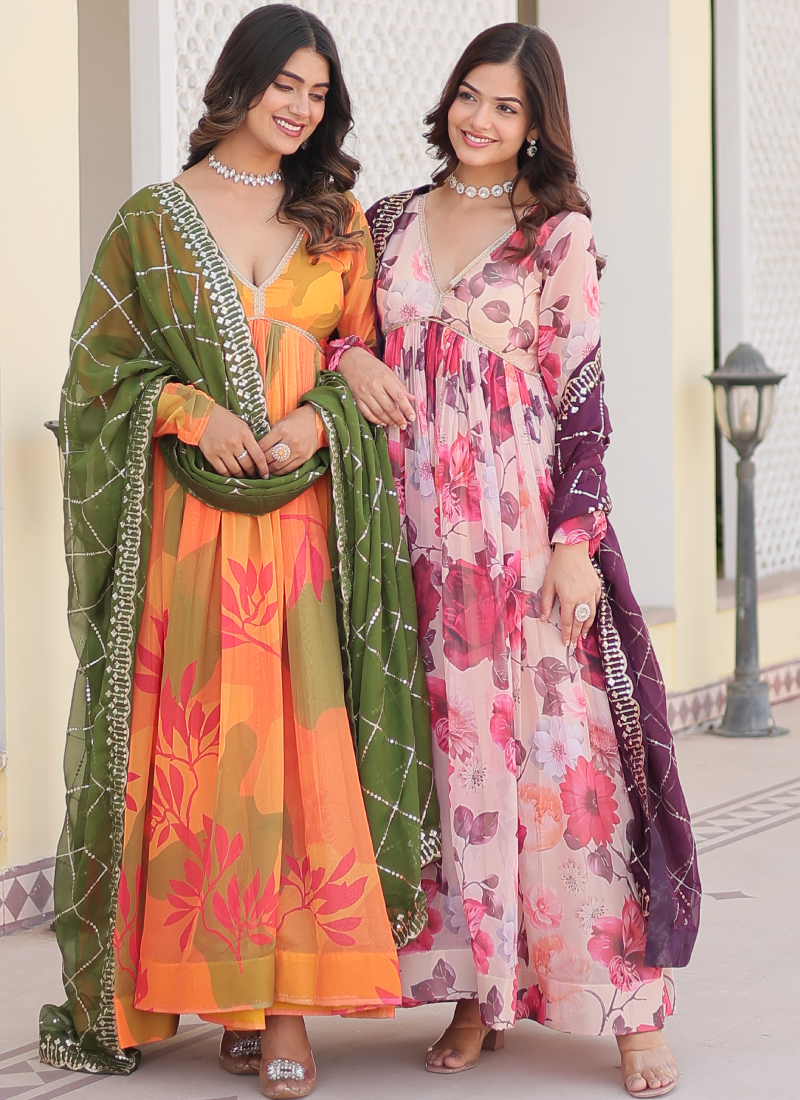 Memorable Digital Printed Silk Off White Anarkali Gown With Dupatta