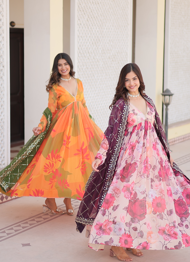 Memorable Digital Printed Silk Off White Anarkali Gown With Dupatta