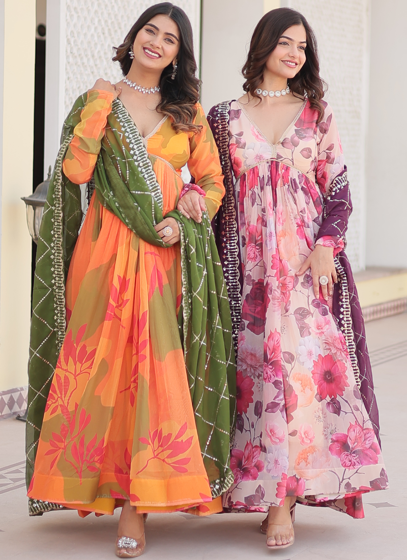 Memorable Digital Printed Silk Off White Anarkali Gown With Dupatta