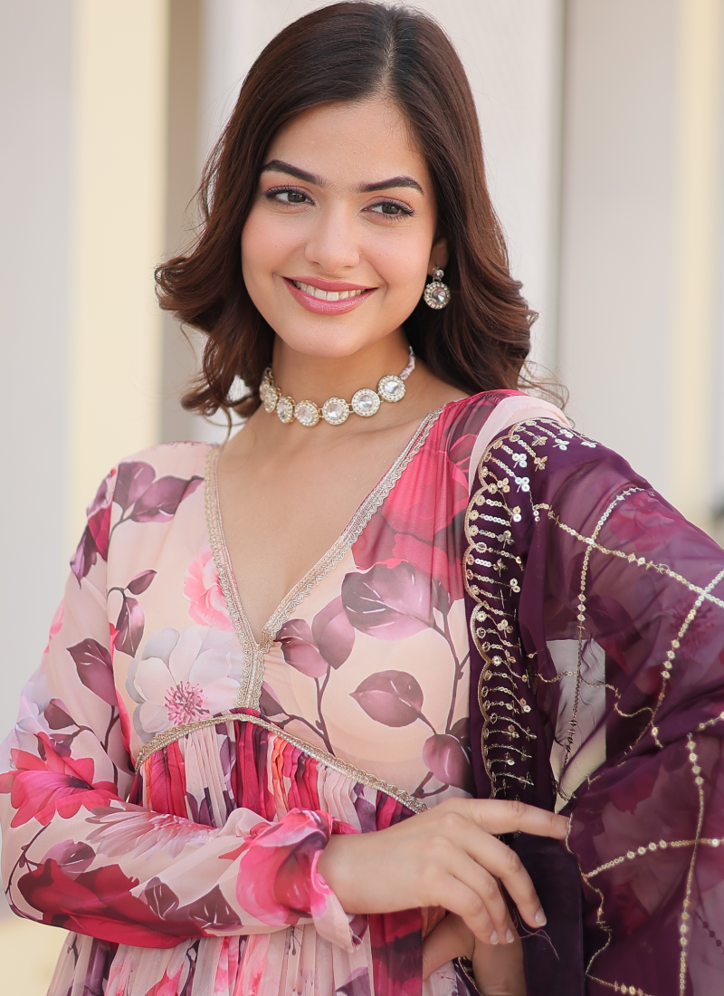 Memorable Digital Printed Silk Off White Anarkali Gown With Dupatta