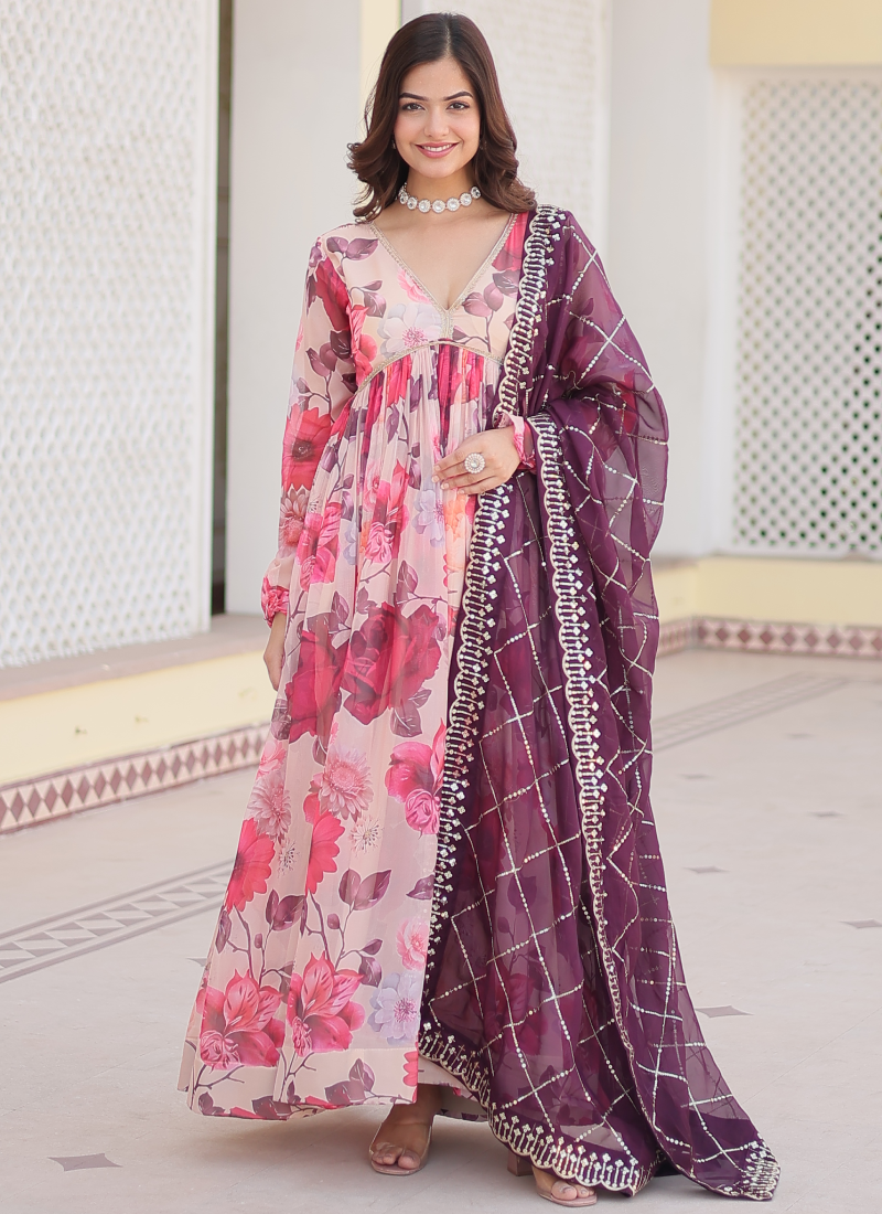 Memorable Digital Printed Silk Off White Anarkali Gown With Dupatta