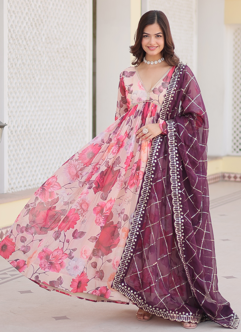 Memorable Digital Printed Silk Off White Anarkali Gown With Dupatta