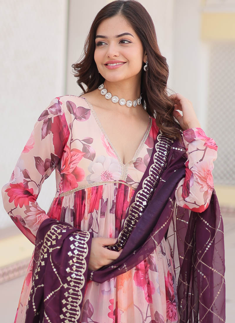 Memorable Digital Printed Silk Off White Anarkali Gown With Dupatta