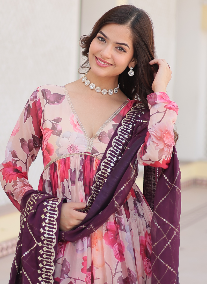 Memorable Digital Printed Silk Off White Anarkali Gown With Dupatta